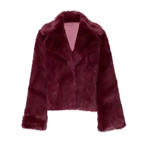 Unreal Fur Burgundy Faux Fur Jacket LARGE Formal Glam Teddy Coat Designer $339